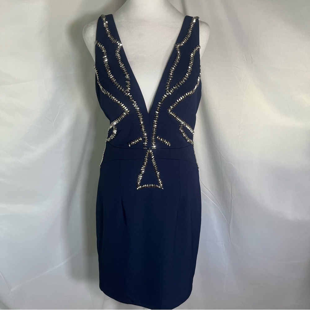 Bariano Australia Deep Plunge Cocktail Dress Navy/Silver Glittery Sparkly 8
